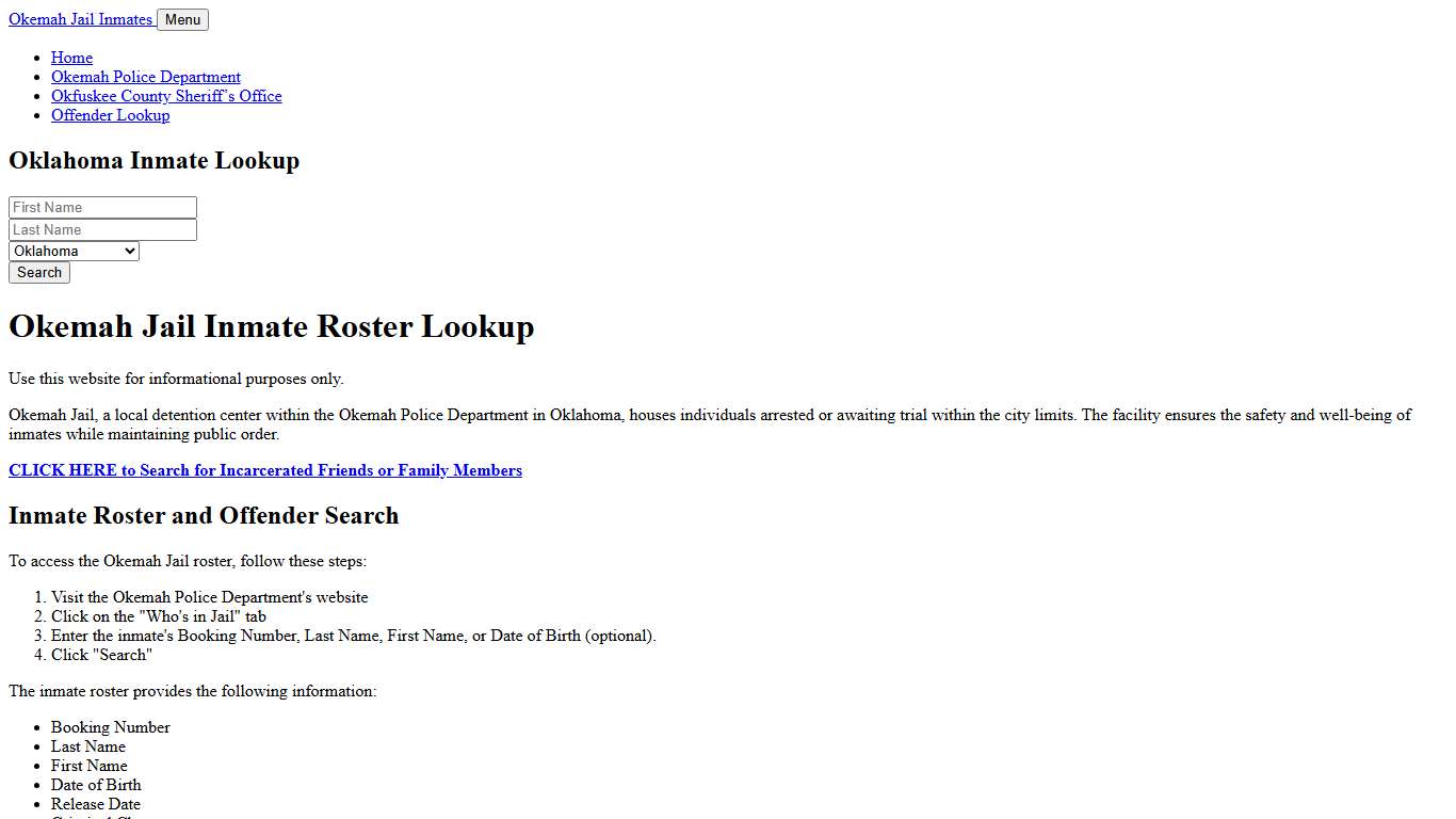 Okemah Jail Inmate Roster, Okfuskee County, OK, Offender Search